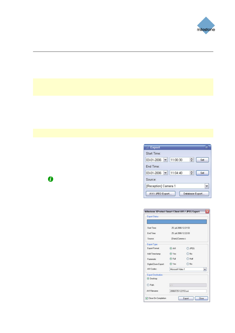 Exporting video evidence, Exporting in avi and jpeg formats | Milestone Smart Client 3.6 User Manual | Page 89 / 115