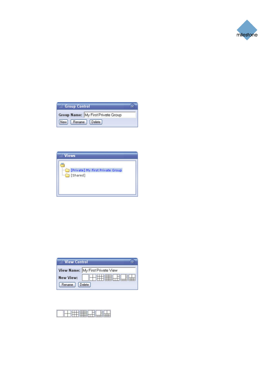 Creating a private group, Creating a view in a private group | Milestone Remote Client 3.5 User Manual | Page 15 / 49