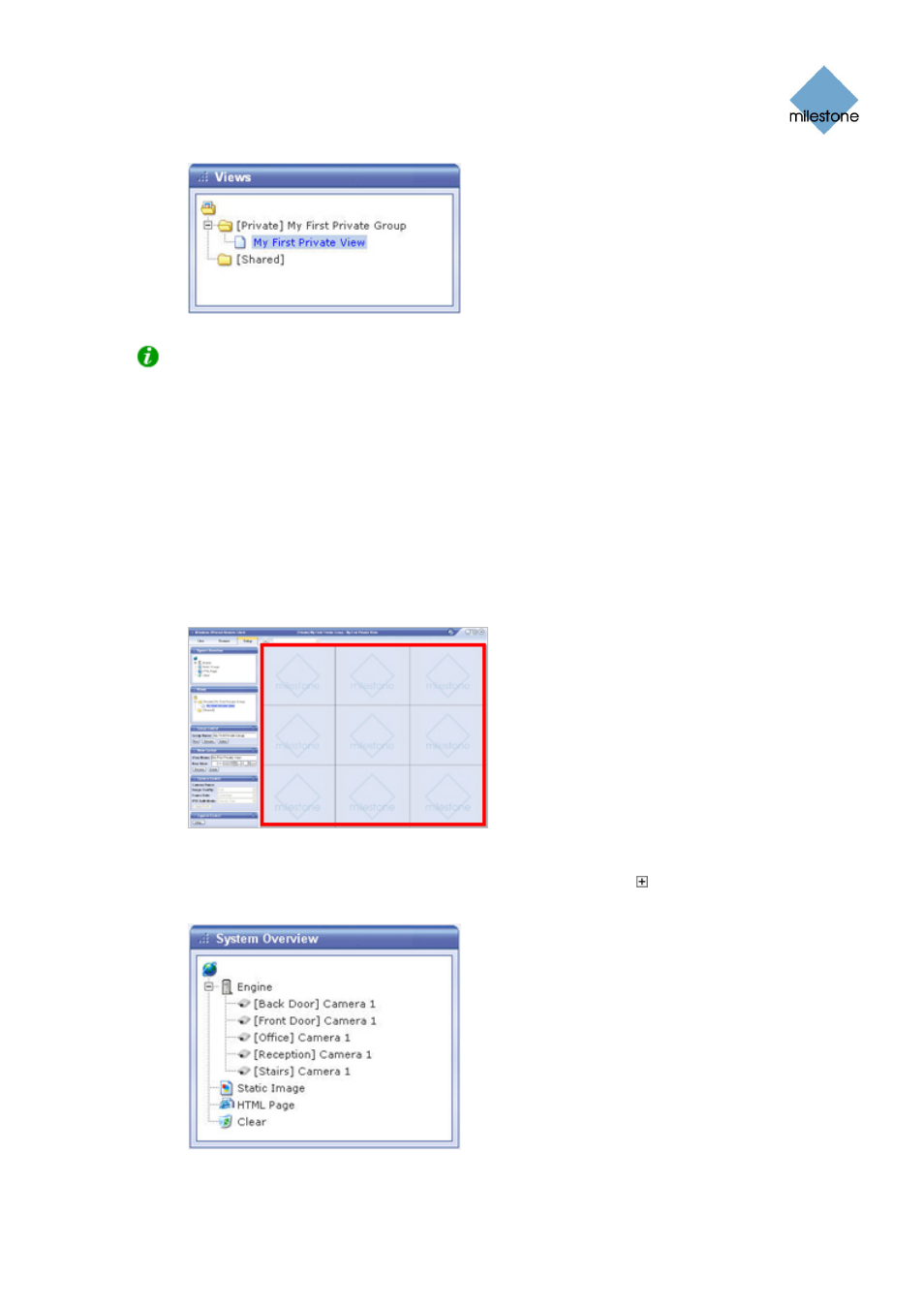 Adding cameras to the view | Milestone Remote Client 3.5 User Manual | Page 16 / 49