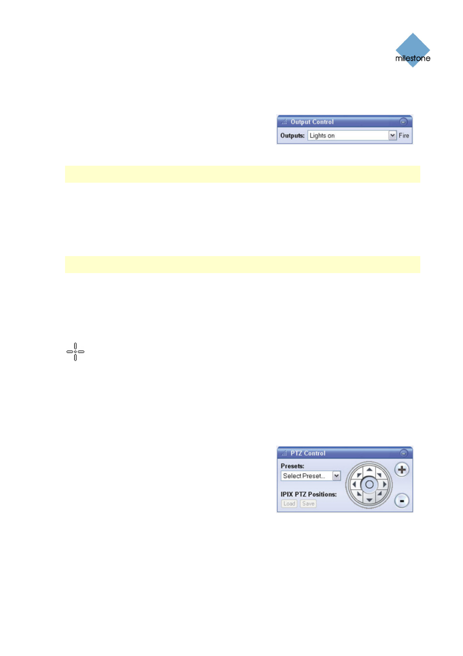 Output control, Ptz control, Point-and-click control | Ptz navigation buttons, Ptz preset positions | Milestone Remote Client 3.5 User Manual | Page 30 / 49