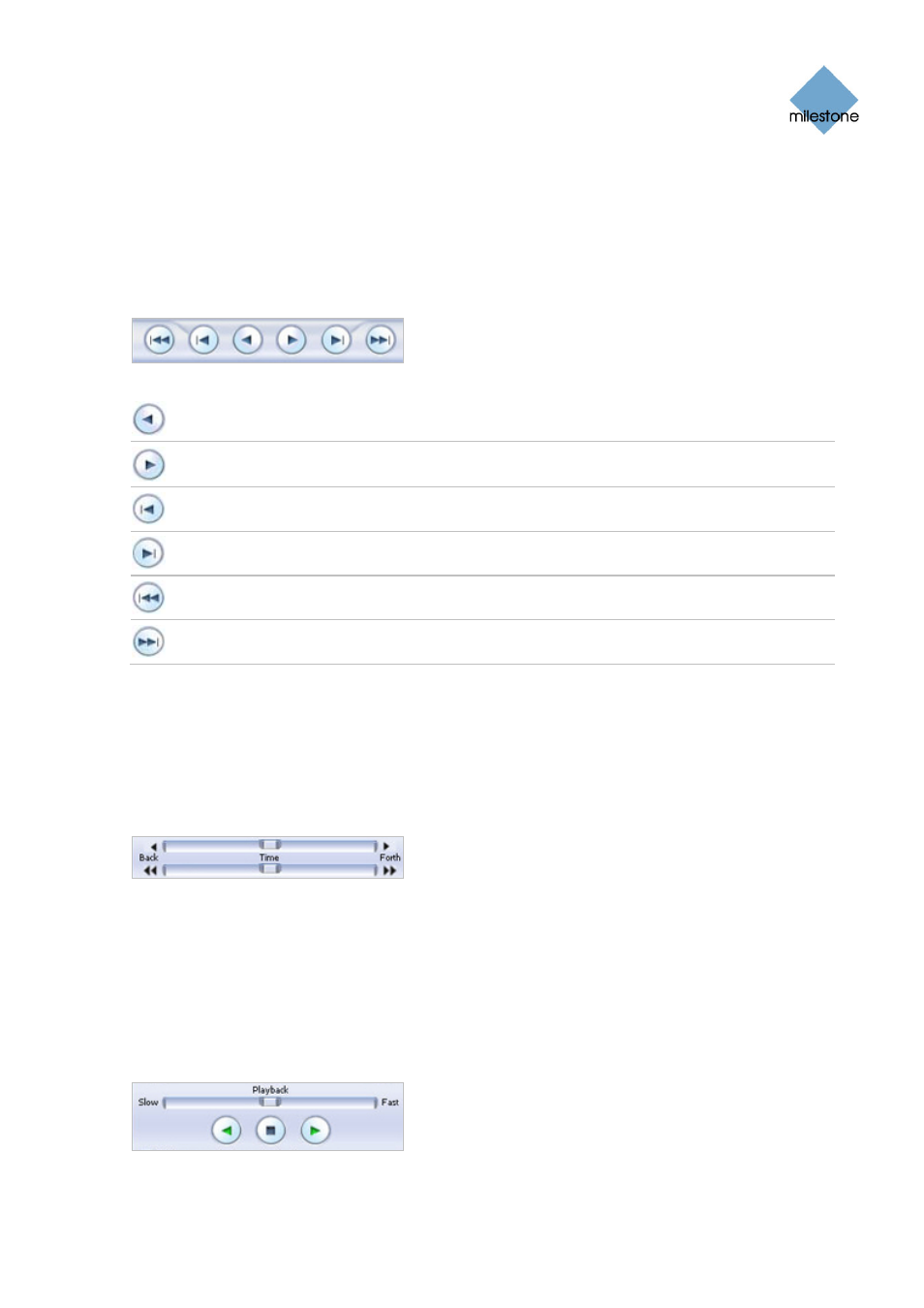 Browse buttons, Time sliders, Playback slider and buttons | Milestone Remote Client 3.5 User Manual | Page 34 / 49