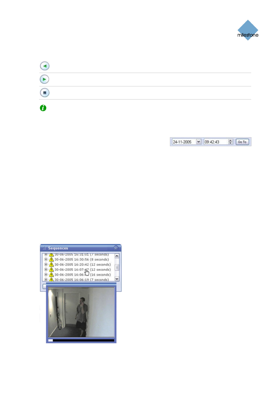 Go to time, Sequences | Milestone Remote Client 3.5 User Manual | Page 35 / 49