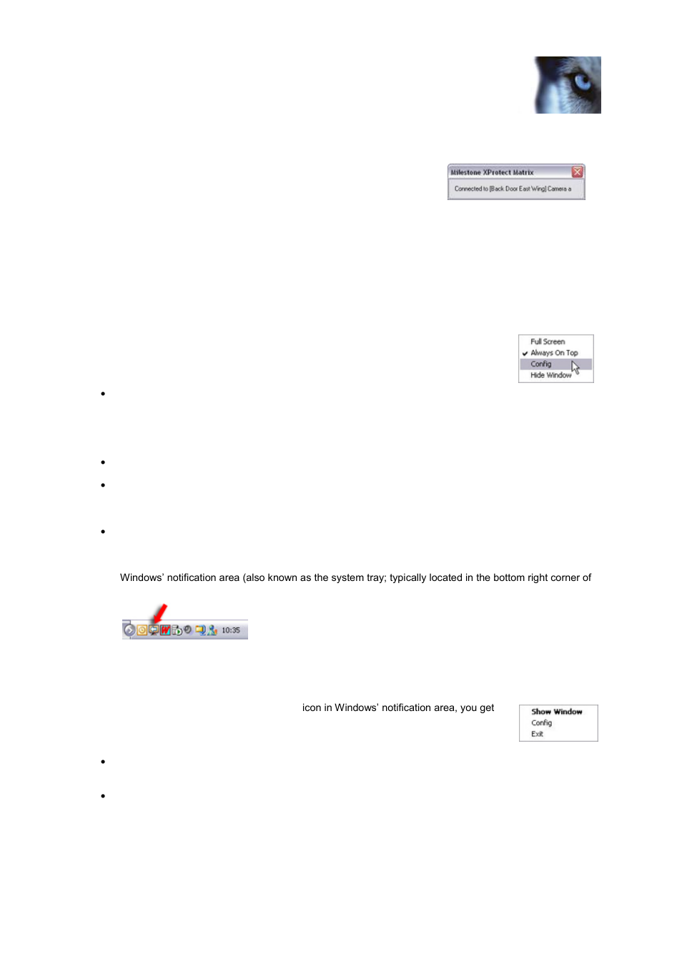 Shortcut menus, Matrix monitor window shortcut menu, Notification area shortcut menu | Milestone Matrix Monitor 2.3 User Manual | Page 15 / 18