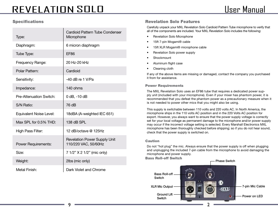 User manual, Solo | MXL Revelation Solo User Manual | Page 3 / 6