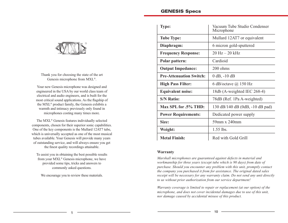 MXL Genesis User Manual | Page 2 / 6