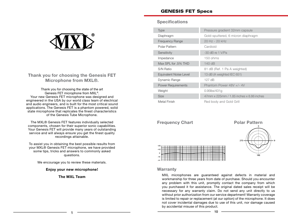 Genesis fet specs specifications, Warranty, Frequency chart polar pattern | MXL Genesis FET User Manual | Page 2 / 6