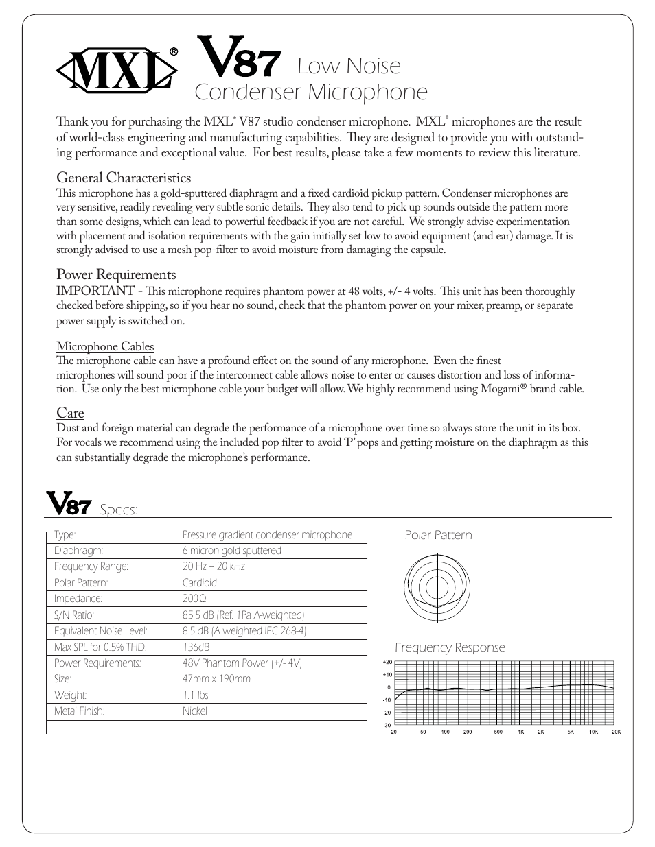 MXL V87 User Manual | 1 page