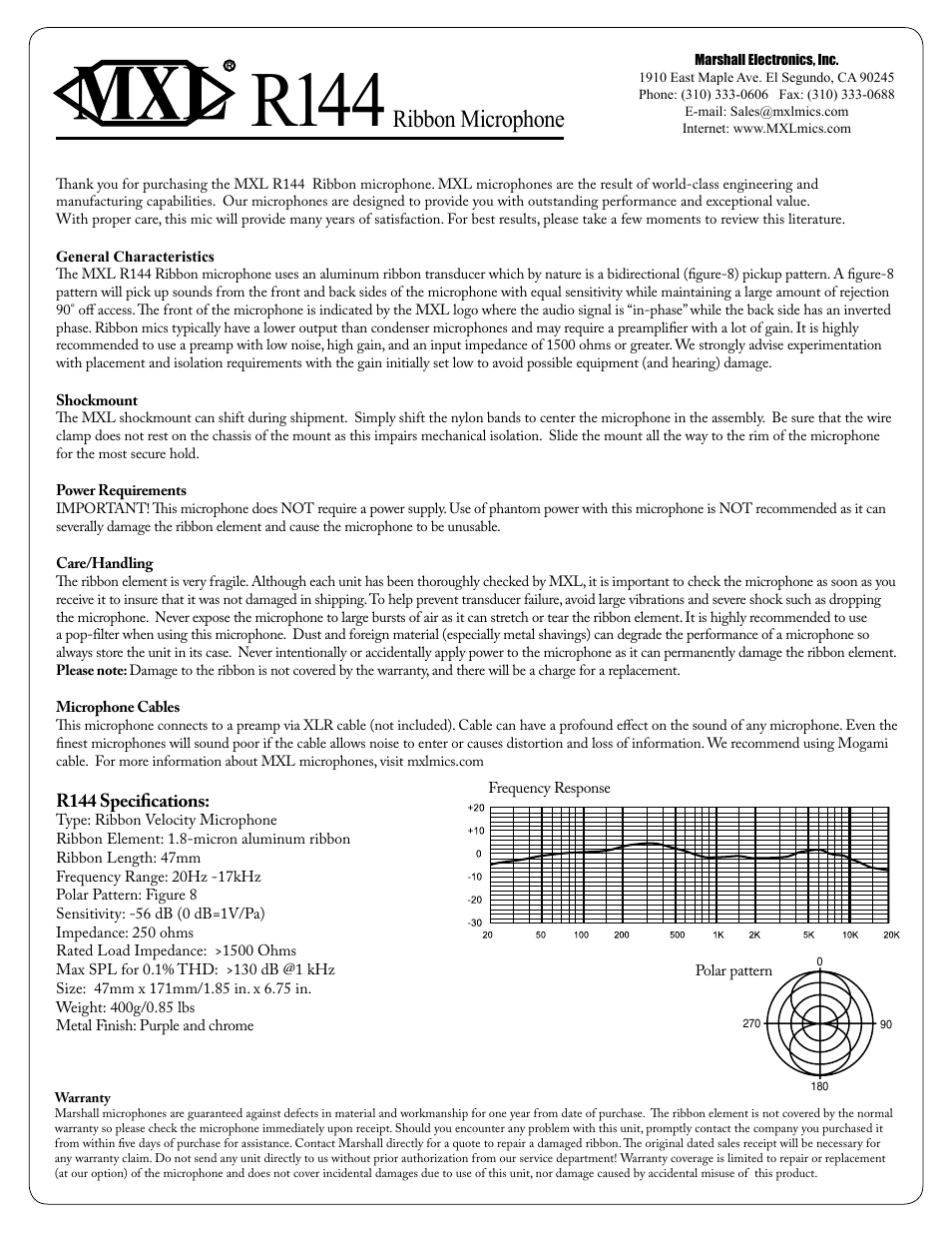 MXL R144 User Manual | 1 page