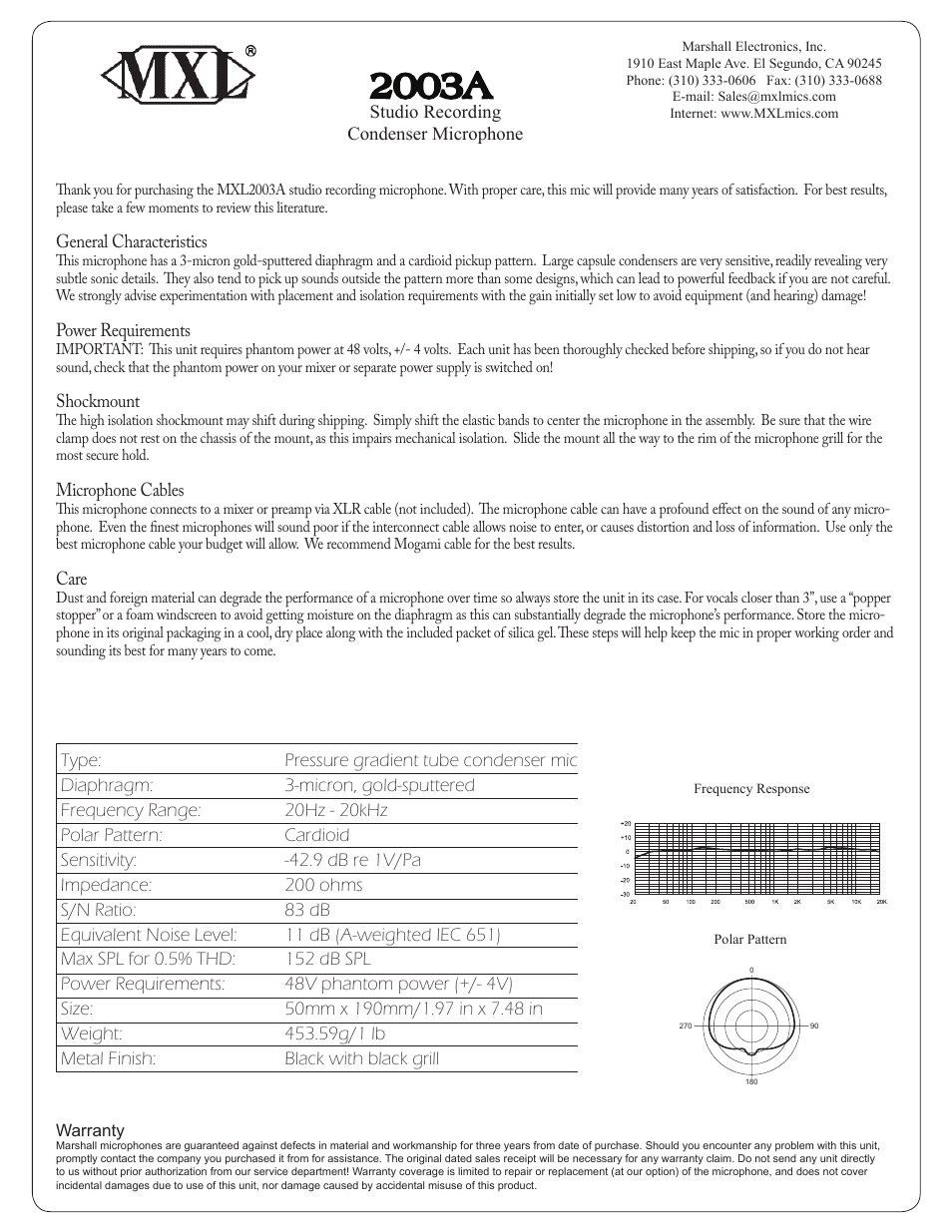 MXL 2003A User Manual | 1 page