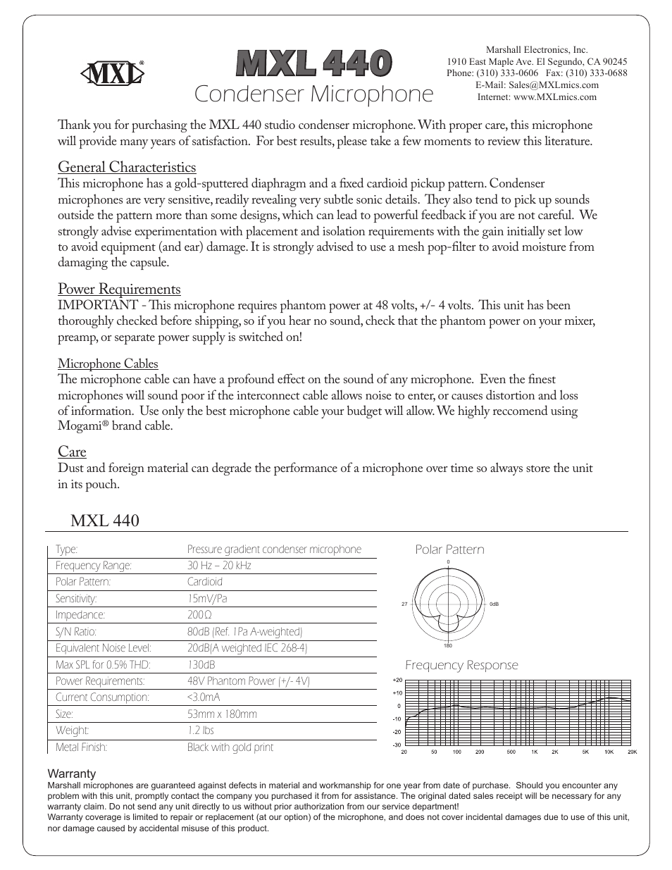 MXL 440 User Manual | 1 page