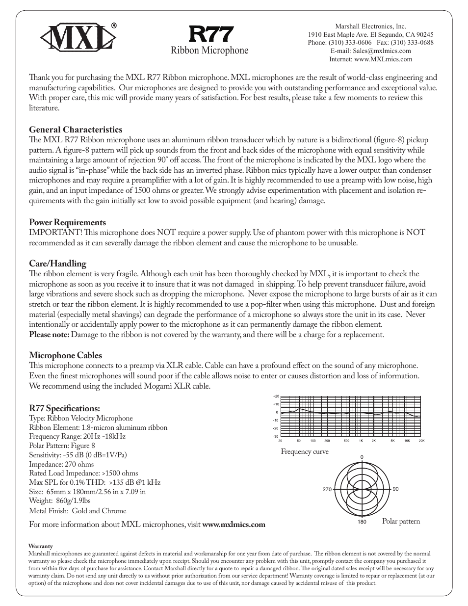 MXL R77 User Manual | 1 page