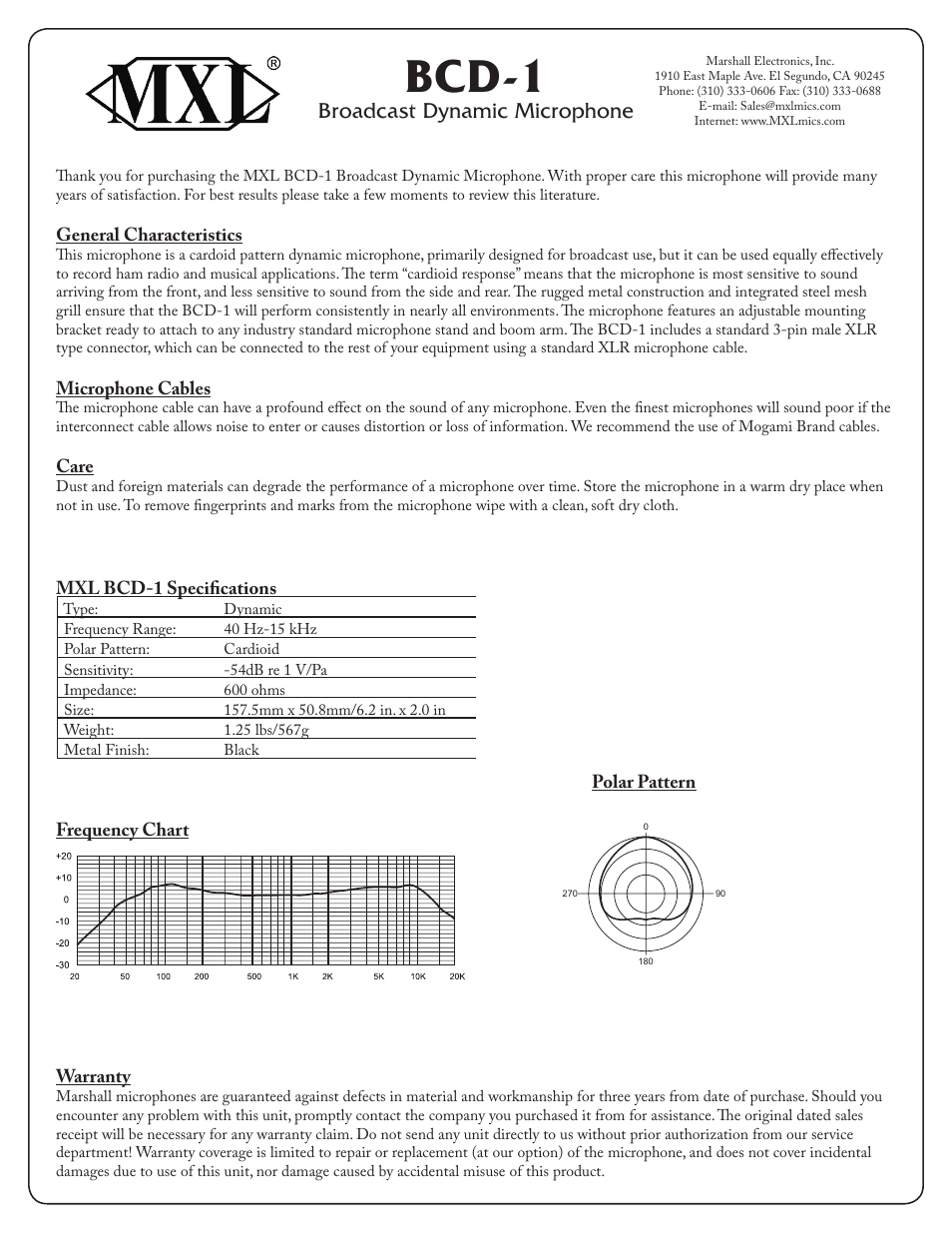 MXL BCD-1 User Manual | 1 page