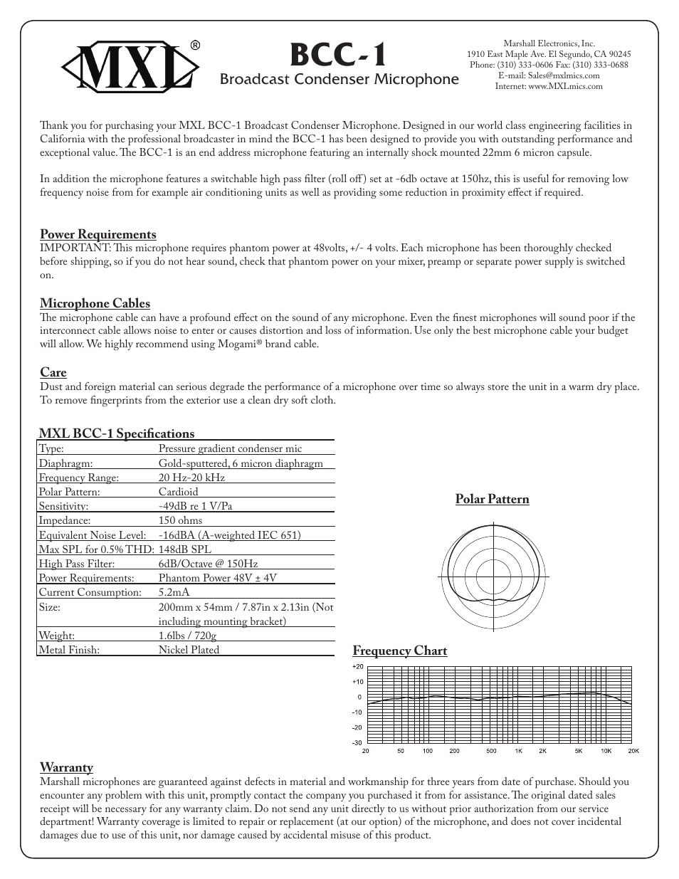 MXL BCC-1 User Manual | 1 page