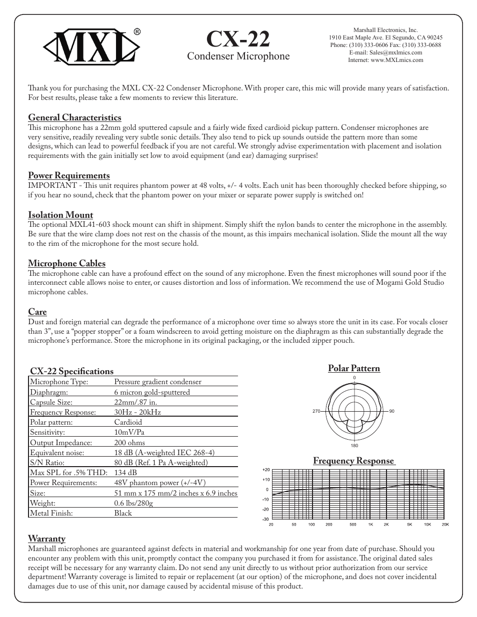 MXL CX22 User Manual | 1 page