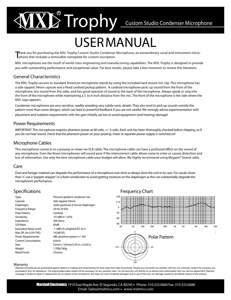 MXL TROPHY User Manual | 1 page