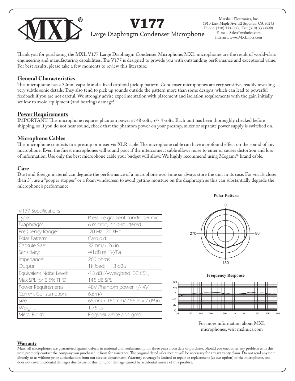 MXL V177 User Manual | 1 page