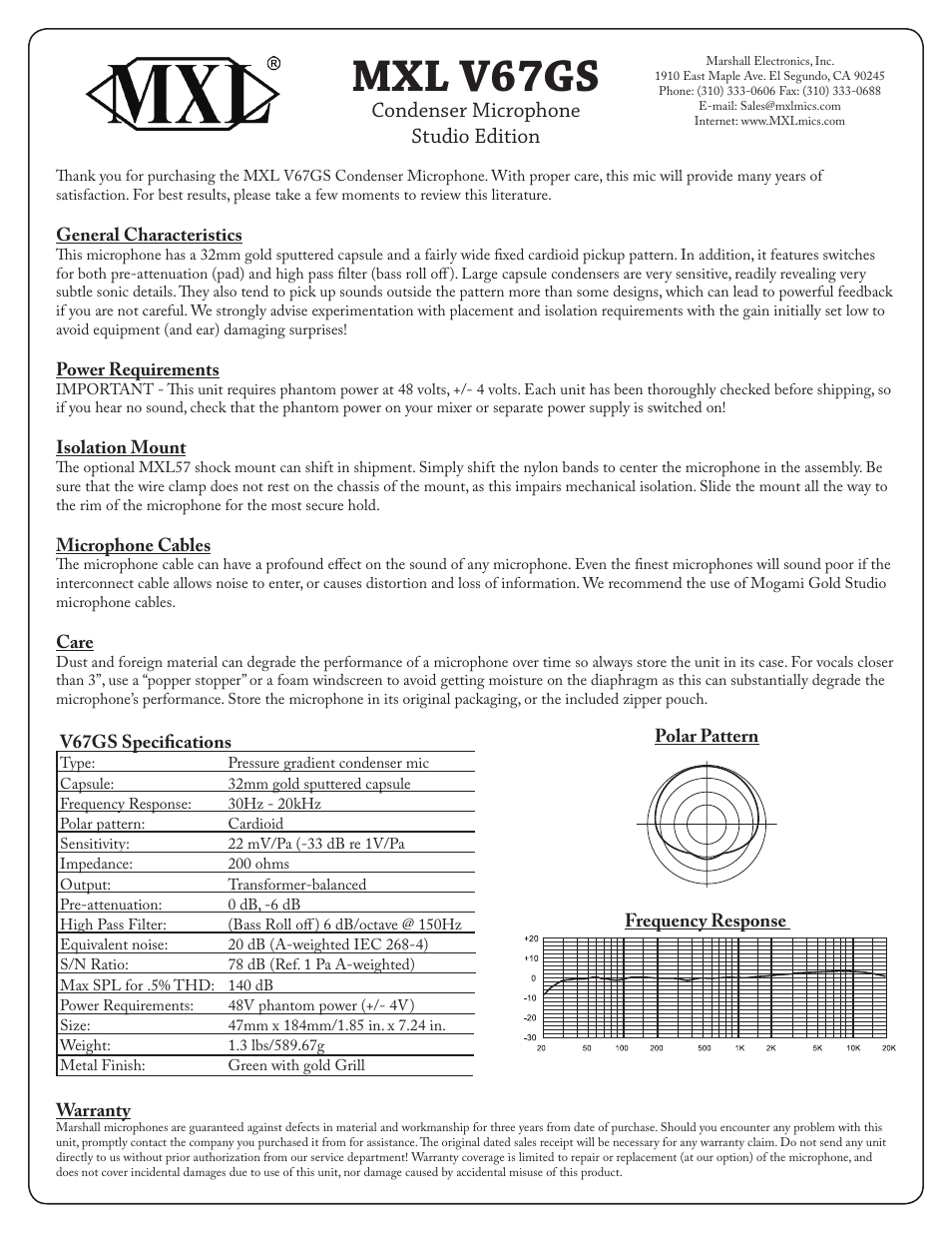 MXL V67GS Stereo User Manual | 1 page