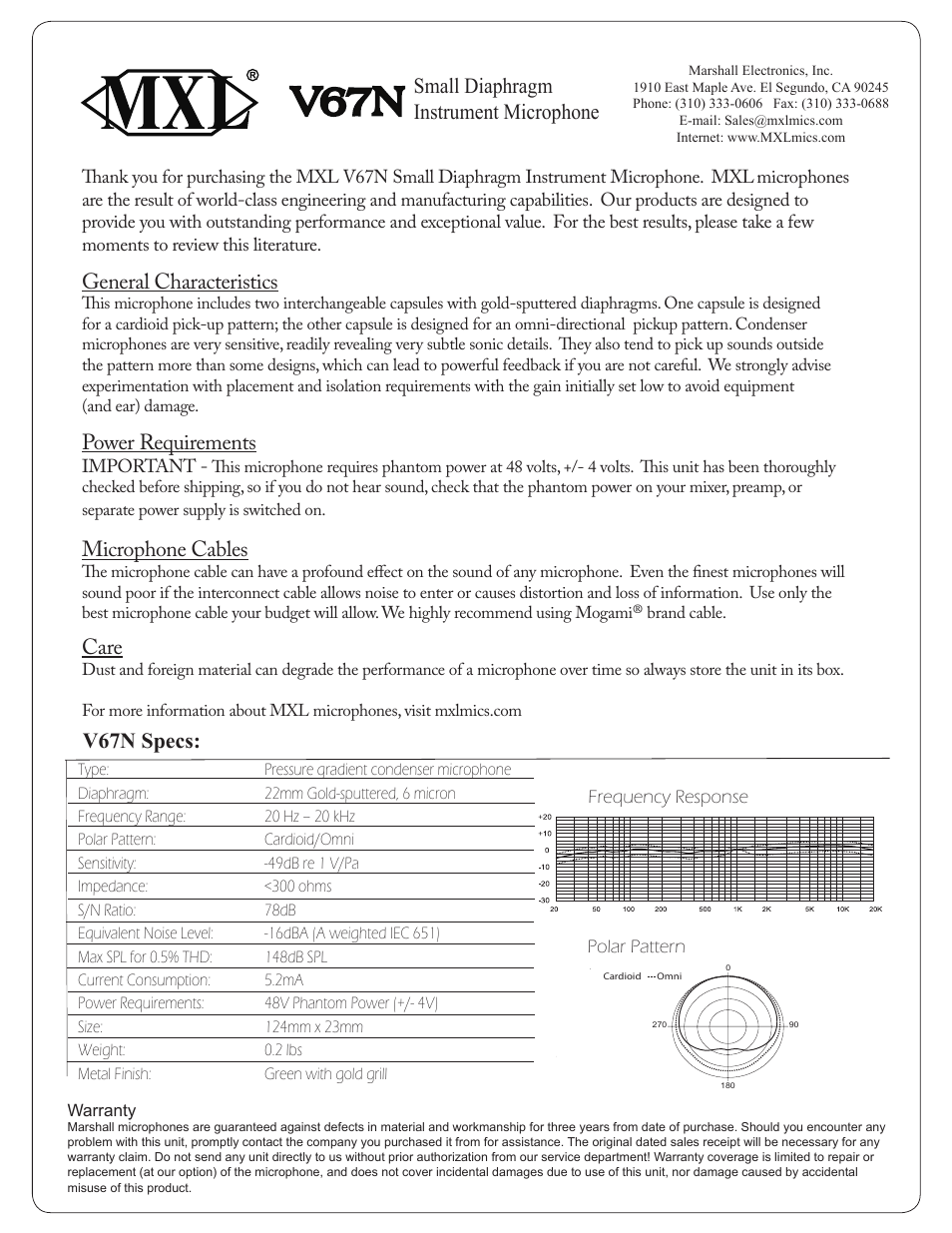 MXL V67N User Manual | 1 page