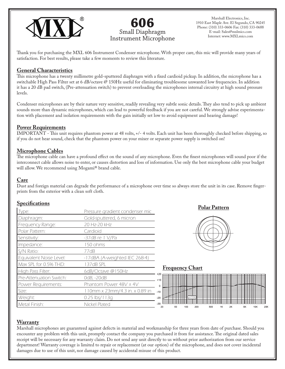 MXL 606 User Manual | 1 page