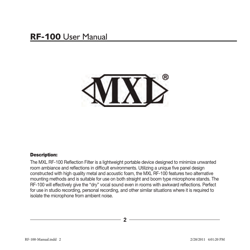 Rf-100 user manual | MXL RF-100 User Manual | Page 2 / 8