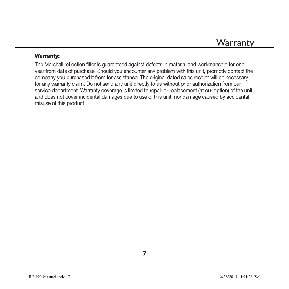 Warranty | MXL RF-100 User Manual | Page 7 / 8