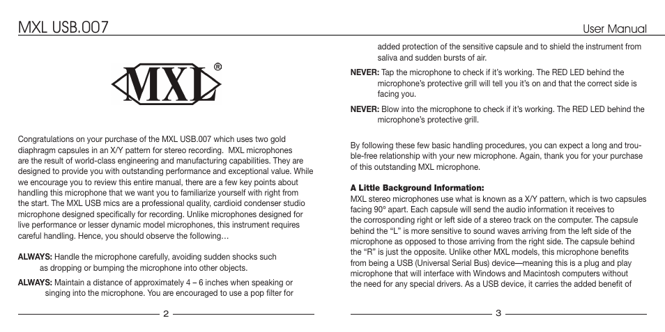 Mxl usb.007, User manual | MXL USB.007 User Manual | Page 2 / 11