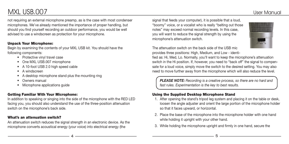 Mxl usb.007, User manual | MXL USB.007 User Manual | Page 3 / 11