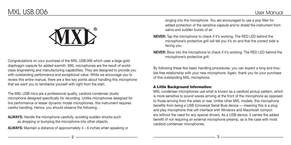 Mxl usb.006, User manual | MXL USB.006 User Manual | Page 2 / 11