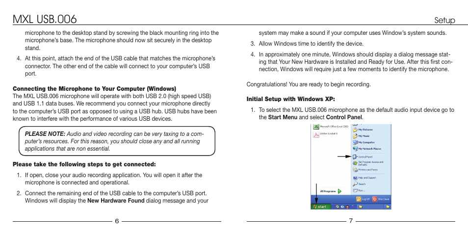 Mxl usb.006, Setup | MXL USB.006 User Manual | Page 4 / 11