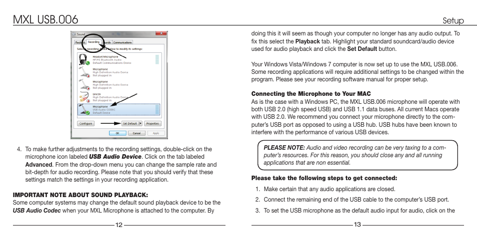 Mxl usb.006, Setup | MXL USB.006 User Manual | Page 7 / 11