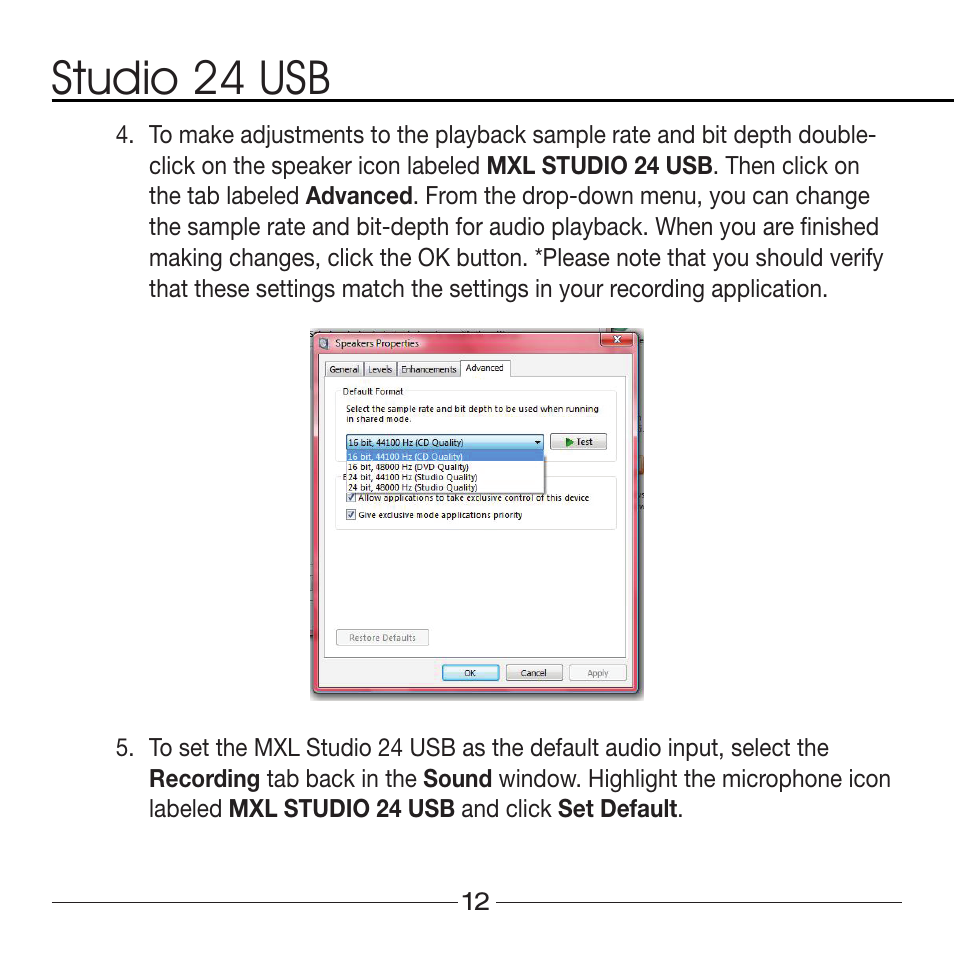 Studio 24 usb | MXL Studio 24 USB User Manual | Page 12 / 28