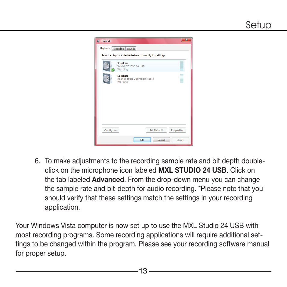 Setup | MXL Studio 24 USB User Manual | Page 13 / 28