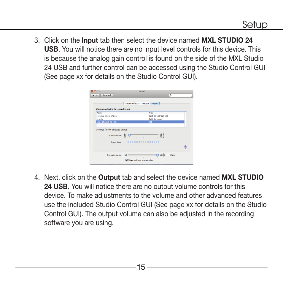 Setup | MXL Studio 24 USB User Manual | Page 15 / 28