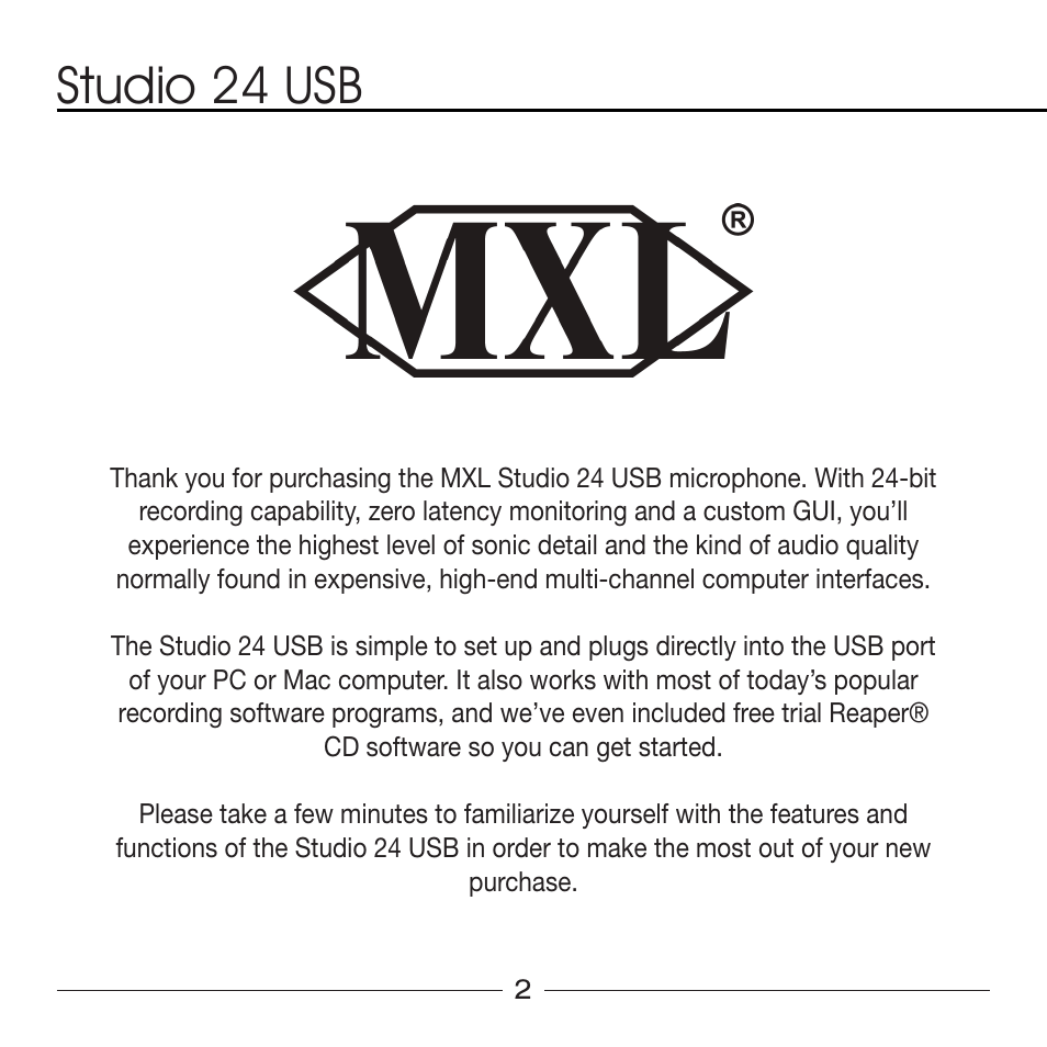 Studio 24 usb | MXL Studio 24 USB User Manual | Page 2 / 28