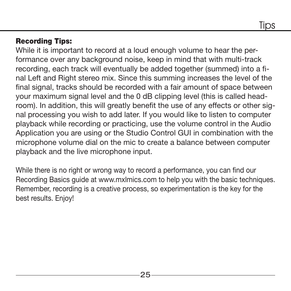 Tips | MXL Studio 24 USB User Manual | Page 25 / 28