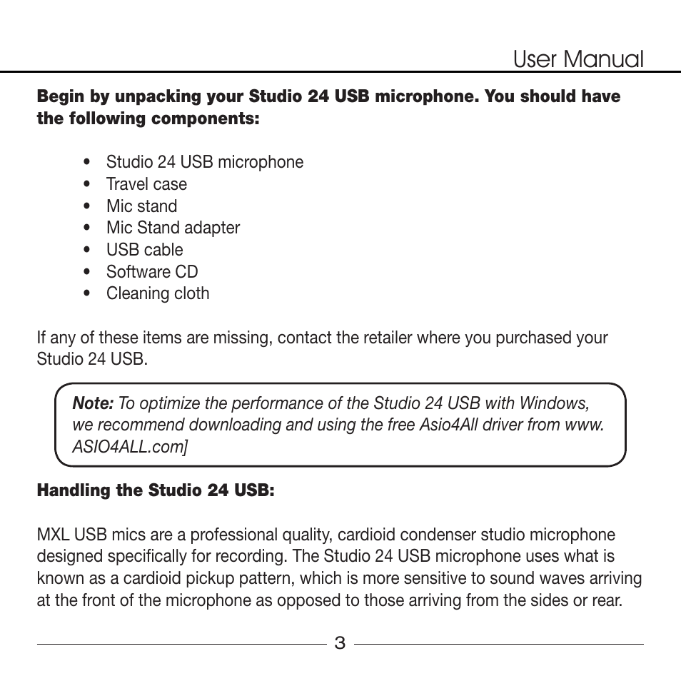 User manual | MXL Studio 24 USB User Manual | Page 3 / 28