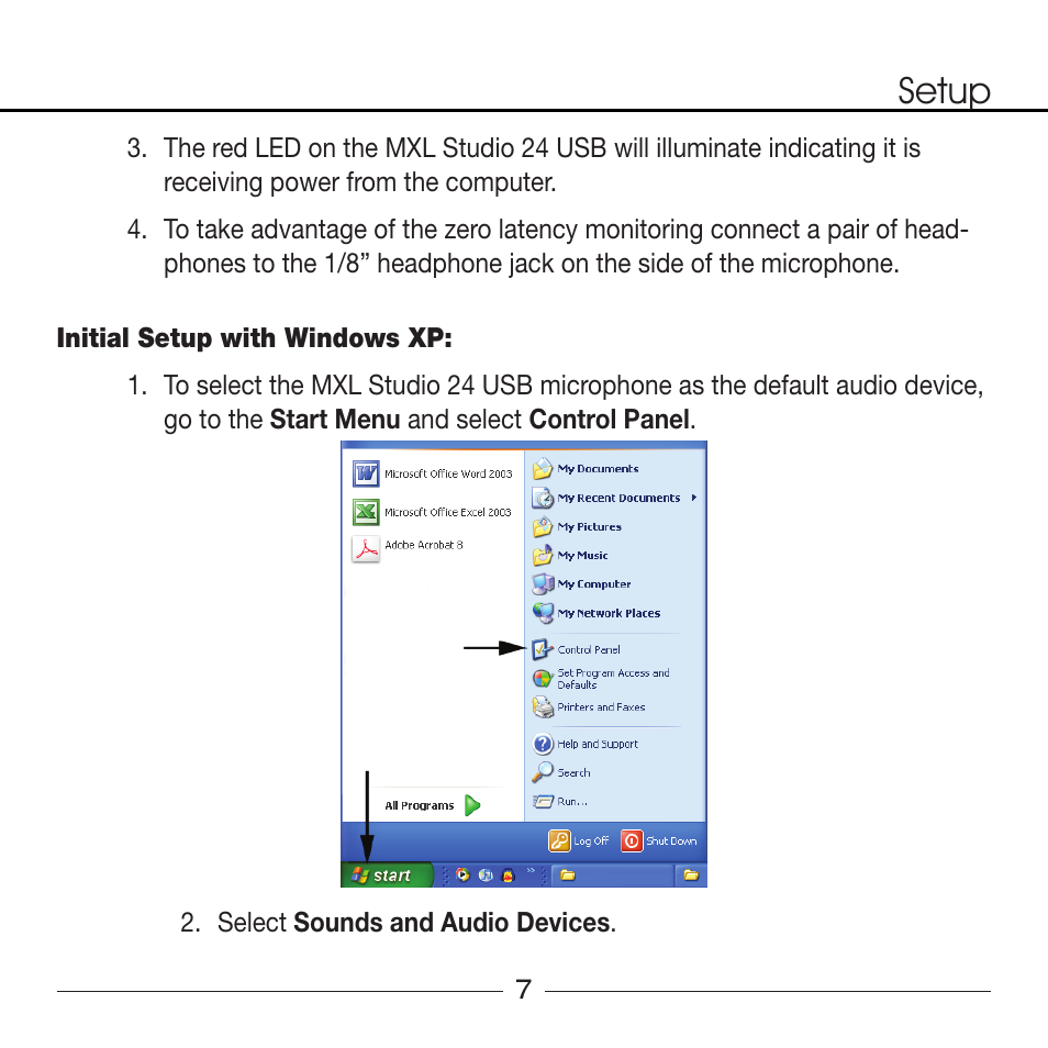 Setup | MXL Studio 24 USB User Manual | Page 7 / 28