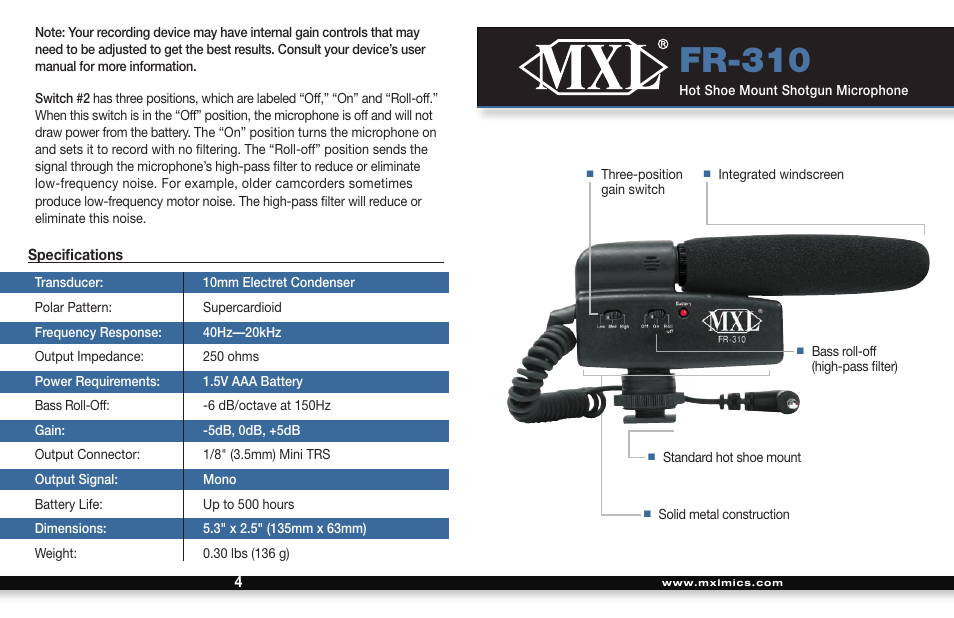 MXL FR-310 User Manual | 2 pages