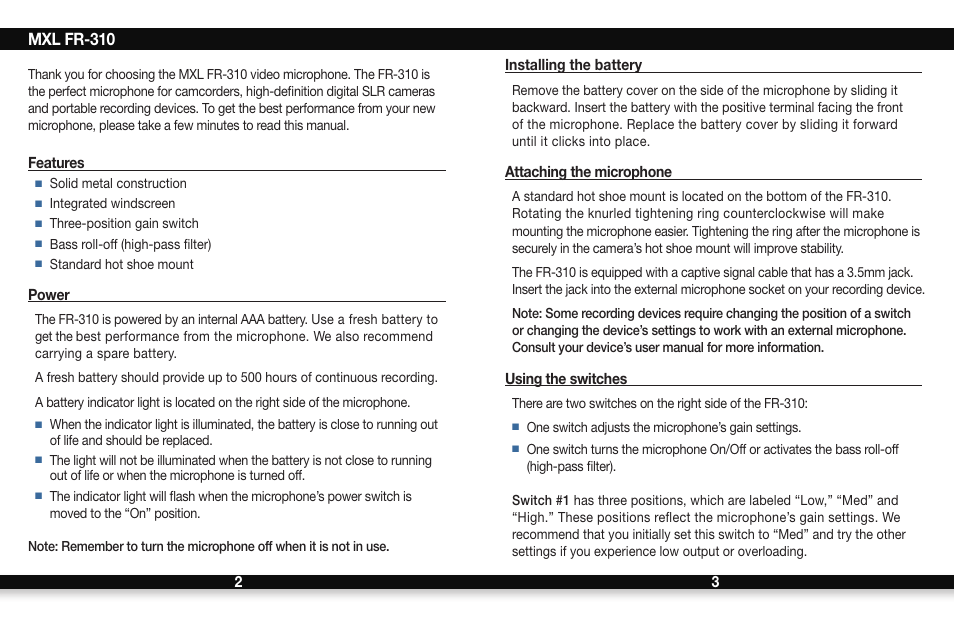 Mxl fr-310 | MXL FR-310 User Manual | Page 2 / 2