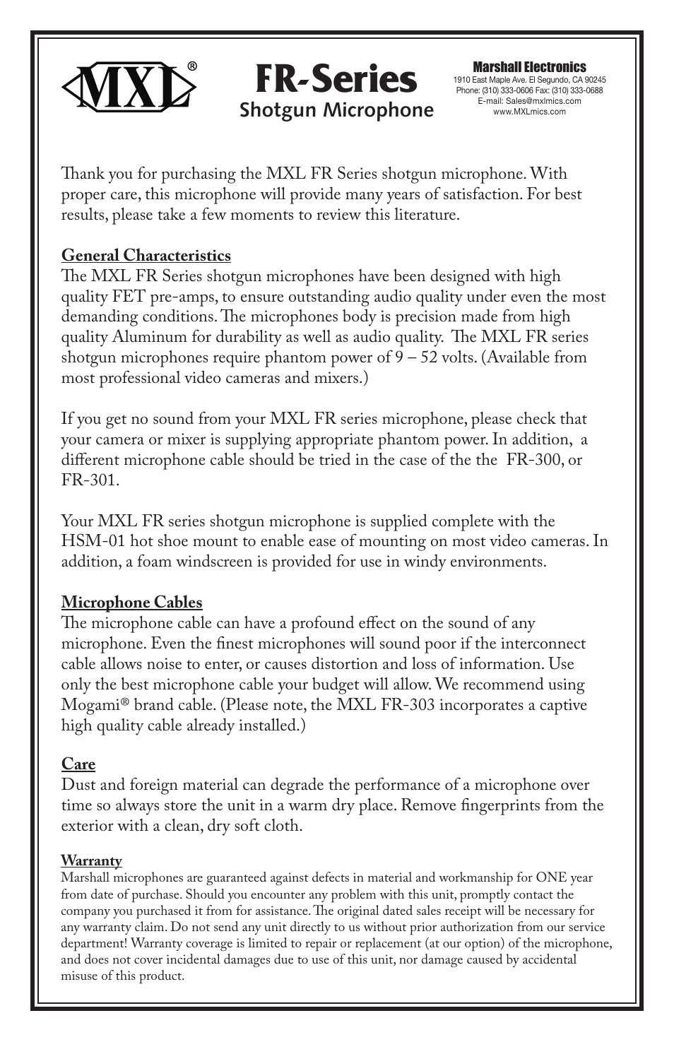 MXL FR-303 User Manual | 1 page