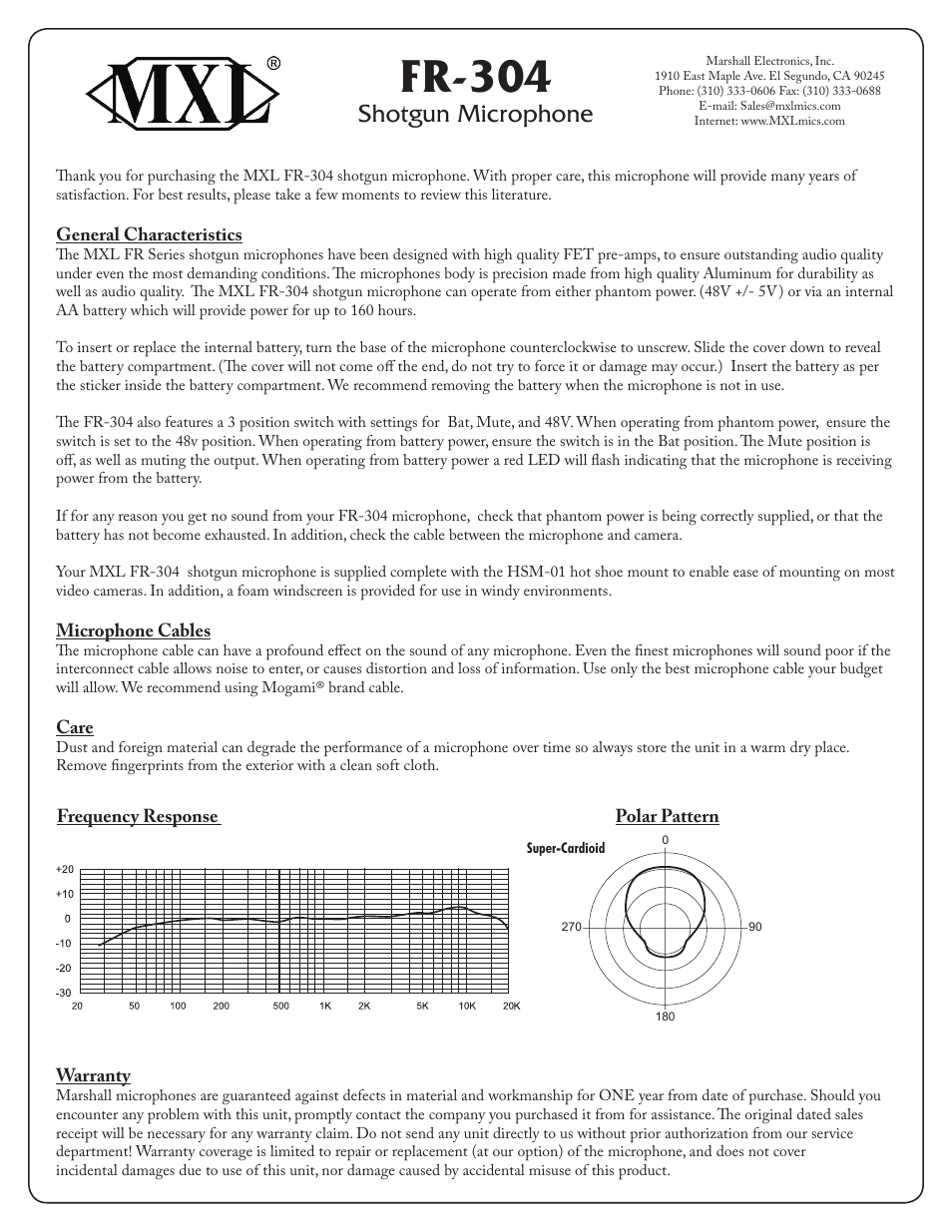 MXL FR-304 User Manual | 1 page