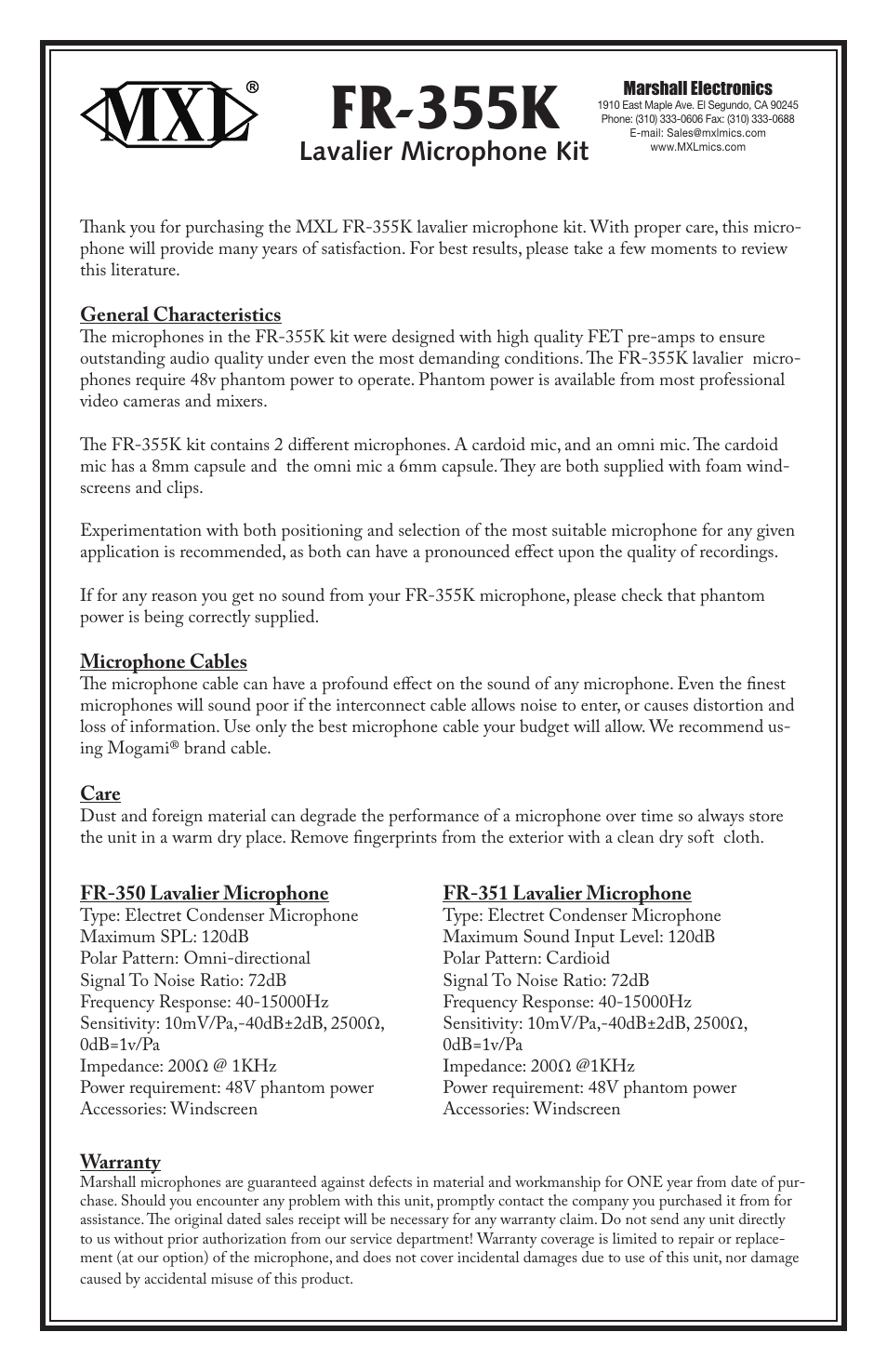 MXL FR-355K User Manual | 1 page