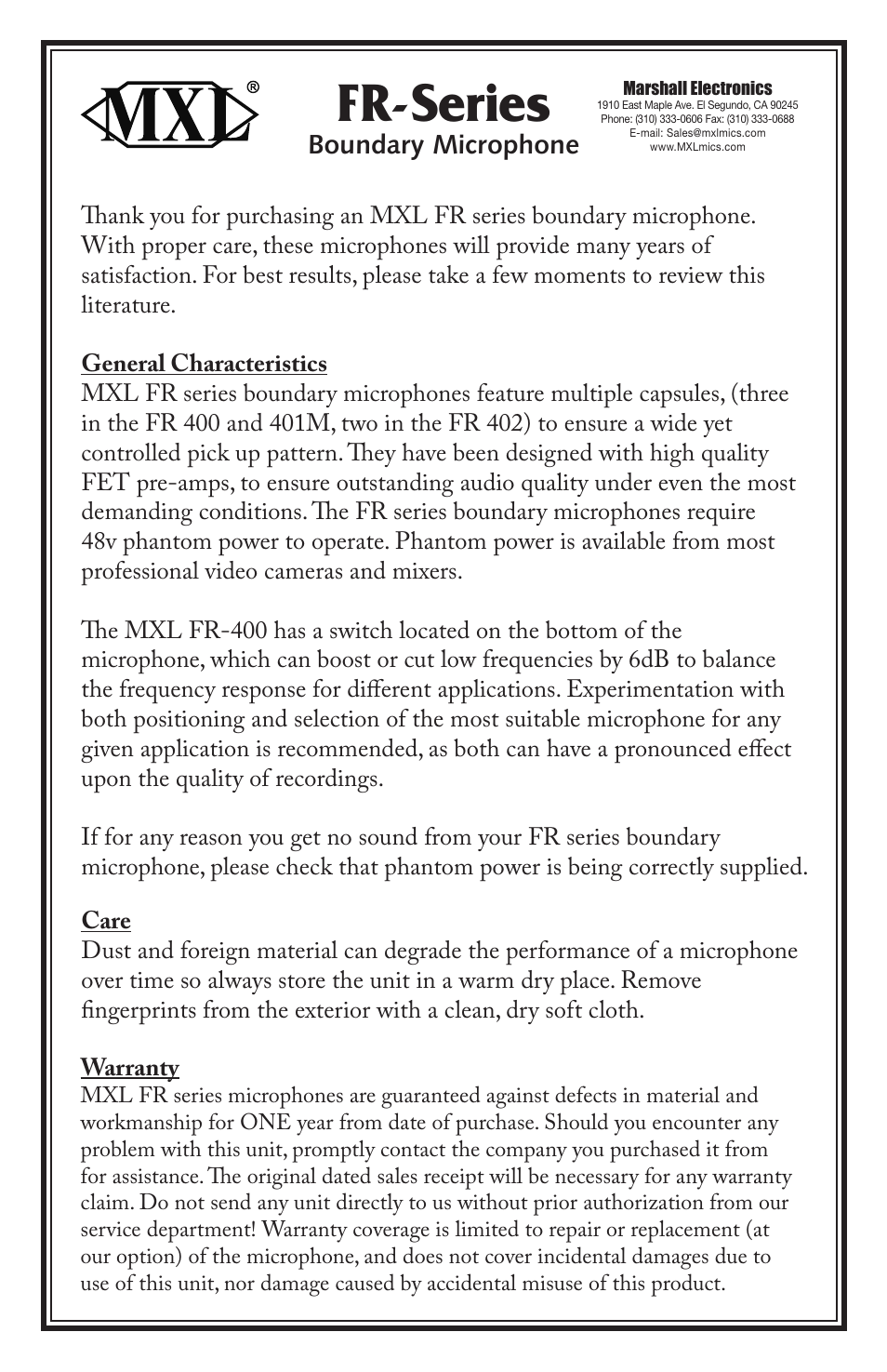 MXL FR-402 User Manual | 1 page