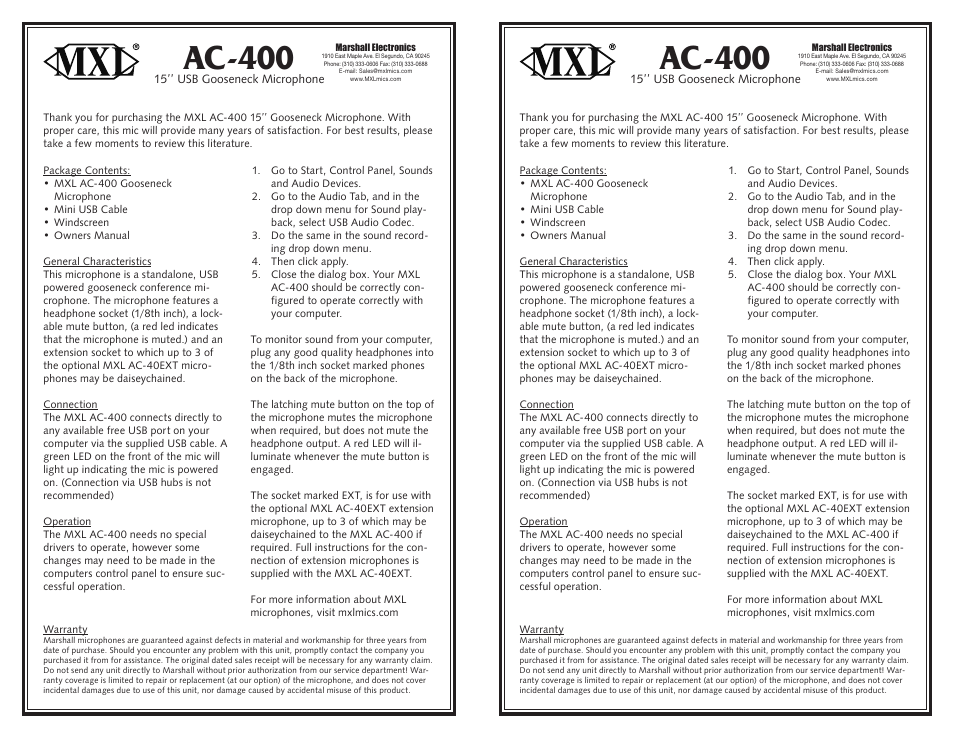MXL AC-400 User Manual | 1 page