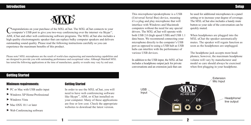 Introduction getting started, 2setup | MXL AC-406 User Manual | Page 2 / 5