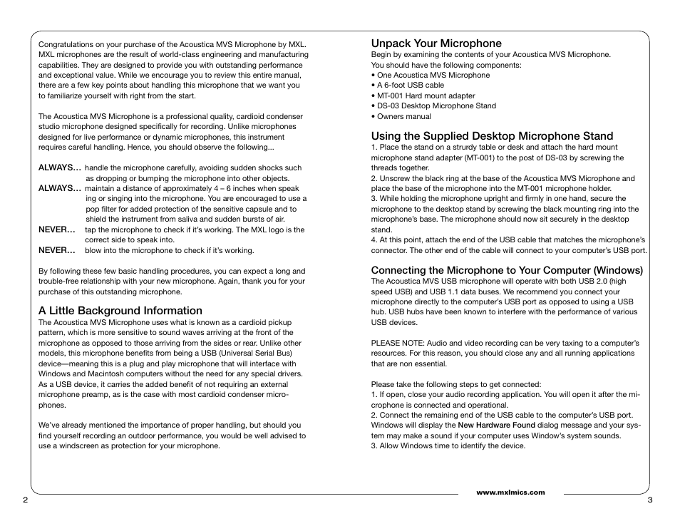 A little background information, Unpack your microphone, Using the supplied desktop microphone stand | MXL Acoustica MVS User Manual | Page 2 / 8