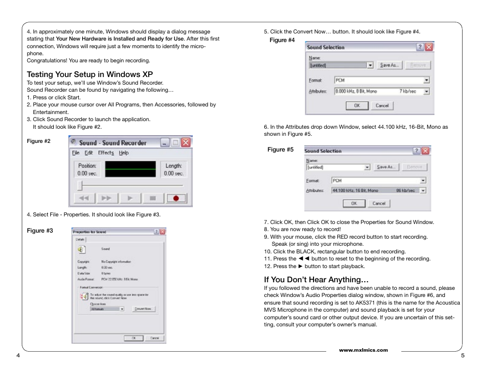 Testing your setup in windows xp, If you don’t hear anything | MXL Acoustica MVS User Manual | Page 3 / 8