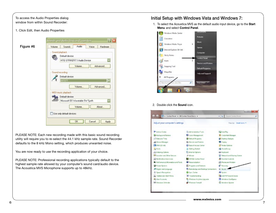 Initial setup with windows vista and windows 7 | MXL Acoustica MVS User Manual | Page 4 / 8