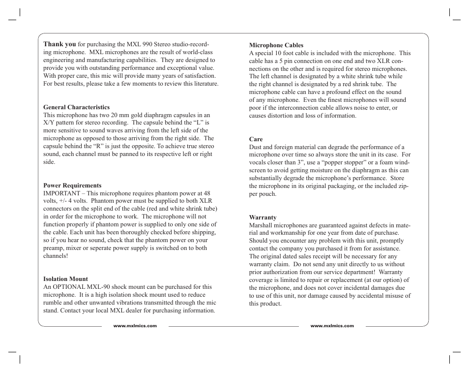 MXL 990 Stereo User Manual | Page 2 / 3