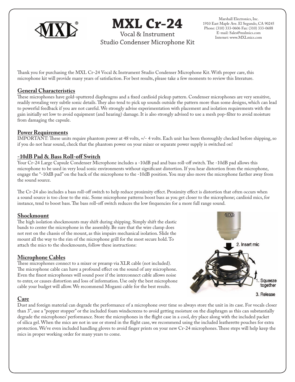 MXL CR-24 Studio Condenser Kit User Manual | 2 pages